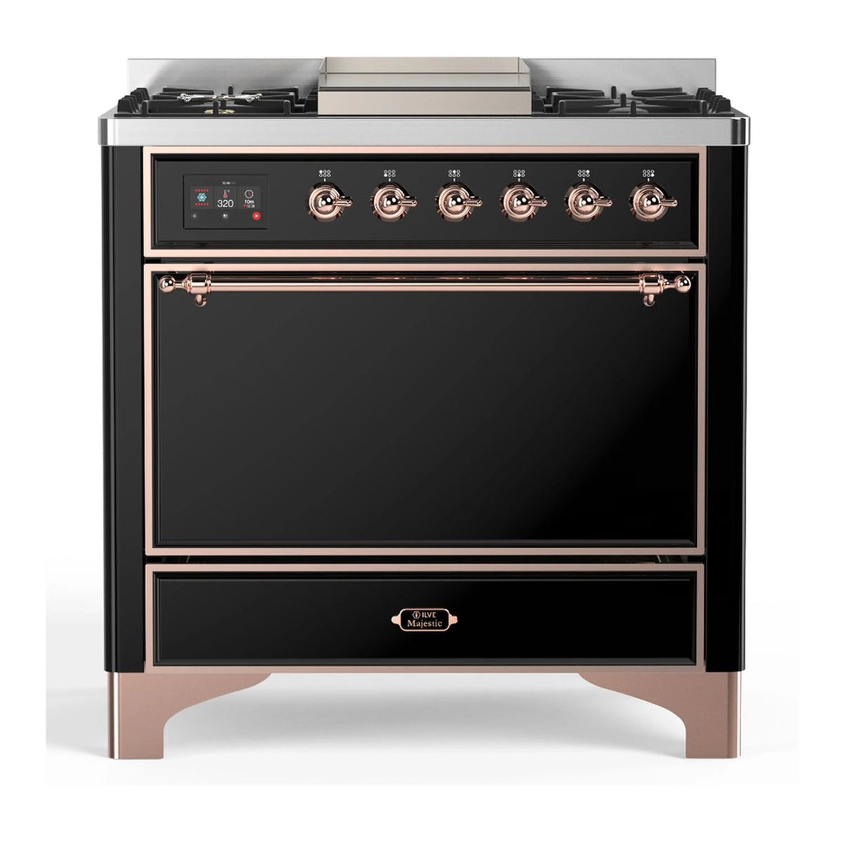 ILVE Majestic III 36-Inch Propane Dual Fuel Range, 5 Burners, Griddle, Solid Door, Glossy Black with Copper Trim (UM36FQNR3BKPLP)