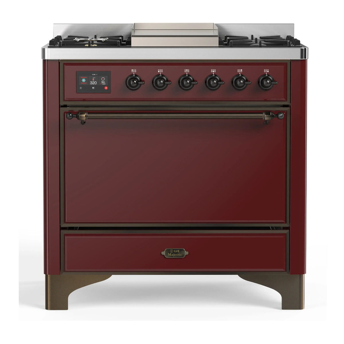 ILVE Majestic III 36-Inch Propane Dual Fuel Range, 5 Burners, Griddle, Solid Door, Burgundy with Burnished Trim (UM36FQNR3BUBLP)