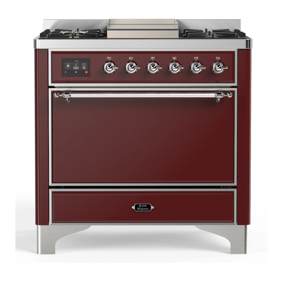 ILVE Majestic III 36-Inch Propane Dual Fuel Range, 5 Burners, Griddle, Solid Door, Burgundy with Chrome Trim (UM36FQNR3BUCLP)
