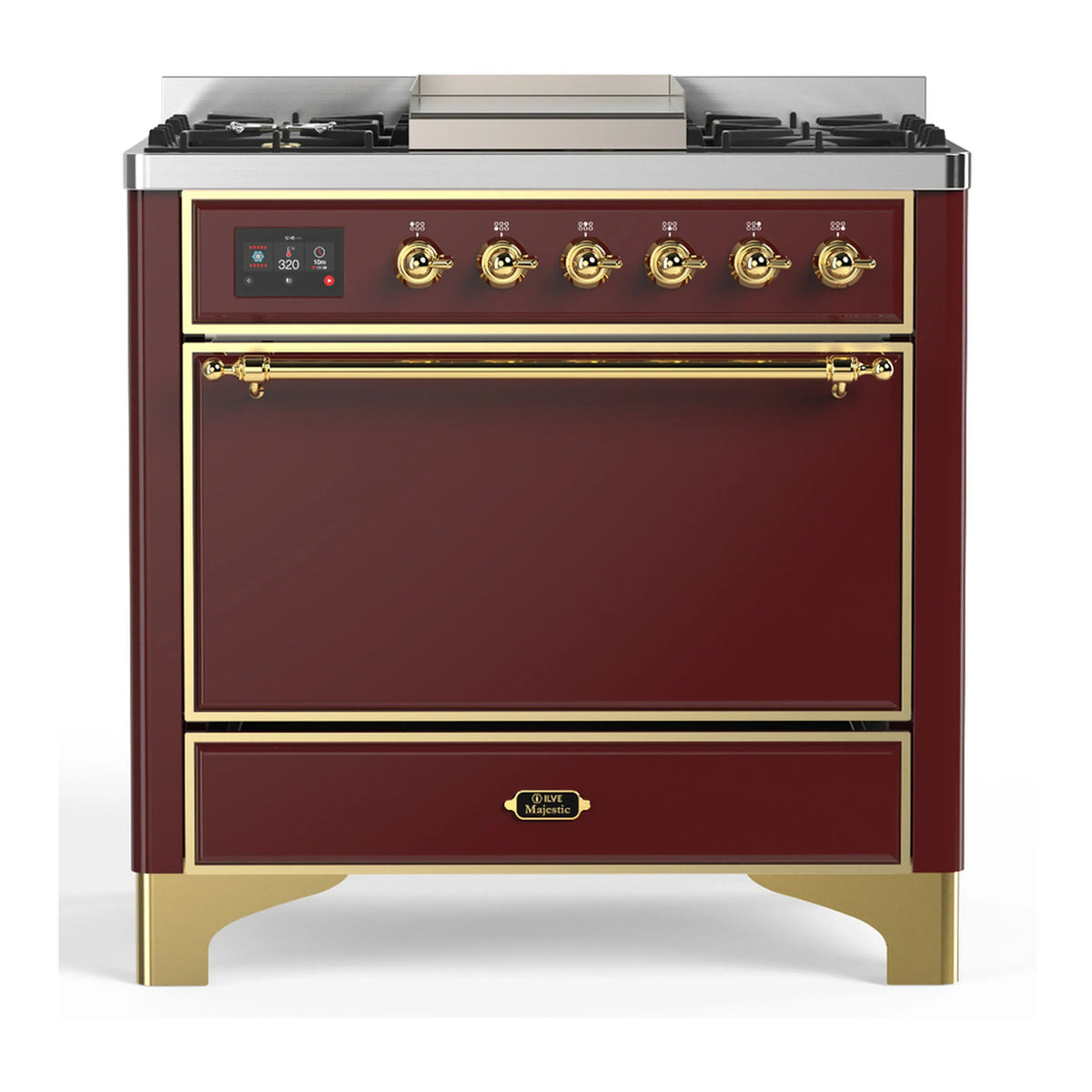 ILVE Majestic III 36-Inch Natural Gas Dual Fuel Range, 6 Burners, Griddle, Solid Door, Burgundy with Brass Trim (UM36FQNR3BUG)