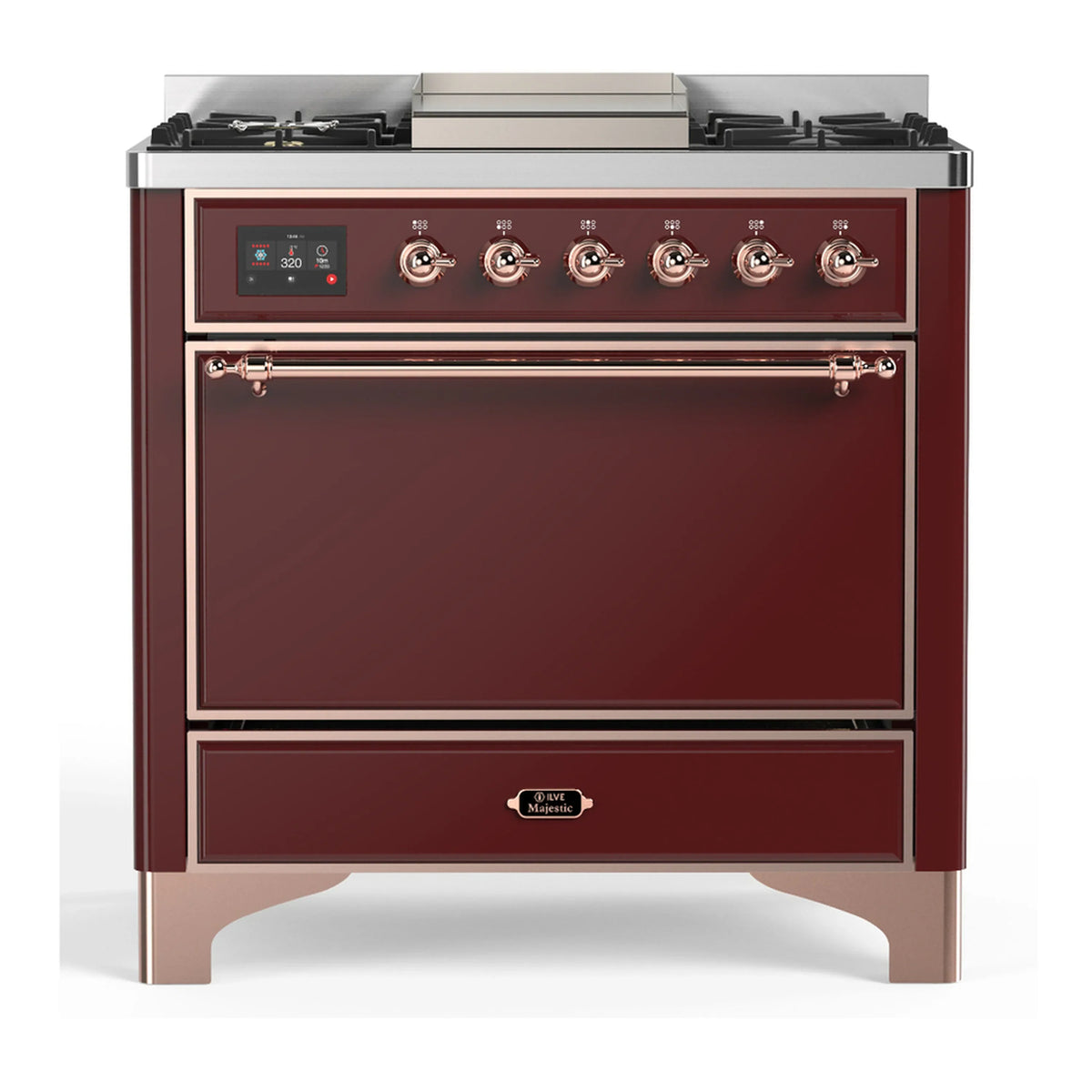 ILVE Majestic III 36-Inch Propane Dual Fuel Range, 5 Burners, Griddle, Solid Door, Burgundy with Copper Trim (UM36FQNR3BUPLP)