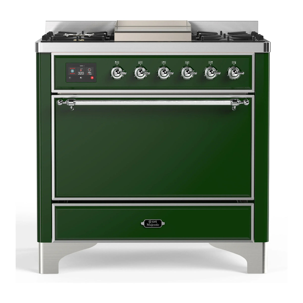 ILVE Majestic III 36-Inch Propane Dual Fuel Range, 5 Burners, Griddle, Solid Door, Emerald Green with Chrome Trim (UM36FQNR3EGCLP)