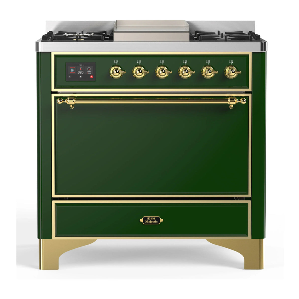 ILVE Majestic III 36-Inch Propane Dual Fuel Range, 5 Burners, Griddle, Solid Door, Emerald Green with Brass Trim (UM36FQNR3EGGLP)