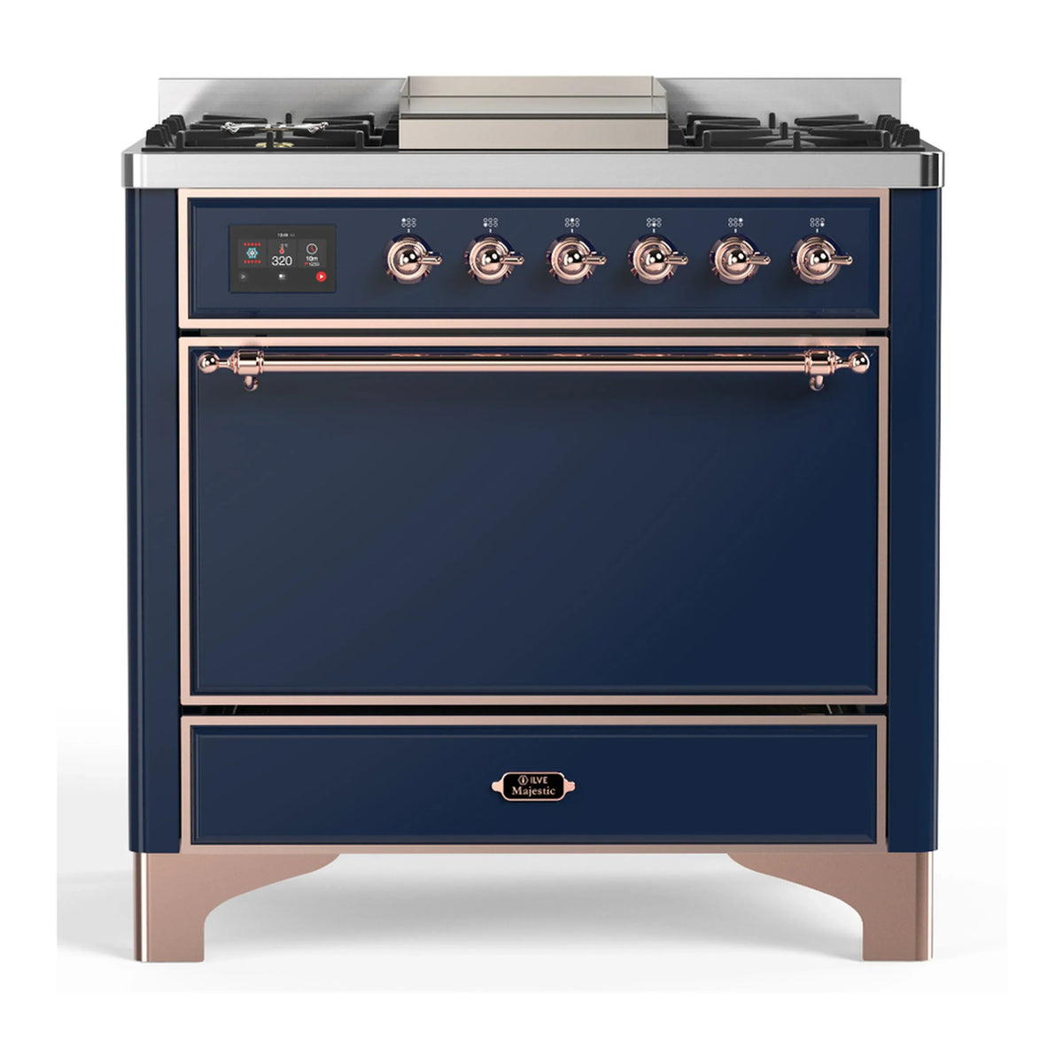 ILVE Majestic III 36-Inch Natural Gas Dual Fuel Range, 6 Burners, Griddle, Solid Door, Midnight Blue with Copper Trim (UM36FQNR3MBP)