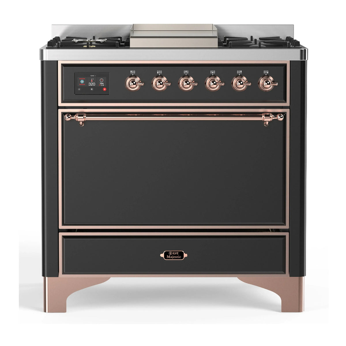 ILVE Majestic III 36-Inch Propane Dual Fuel Range, 5 Burners, Griddle, Solid Door, Matte Graphite with Copper Trim (UM36FQNR3MGPLP)