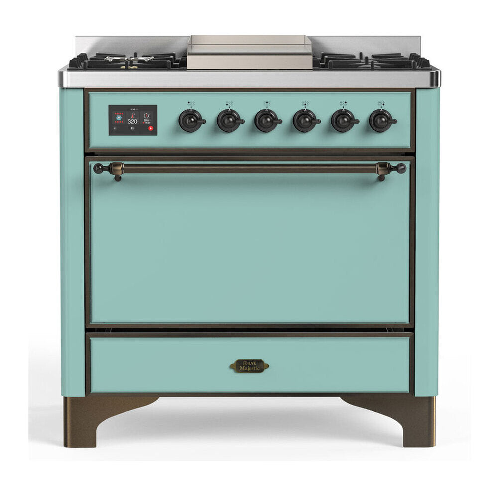 ILVE Majestic III 36-Inch Natural Gas Dual Fuel Range, 6 Burners, Griddle, Solid Door, Mediterranean Mint with Burnished Trim (UM36FQNR3MMB)
