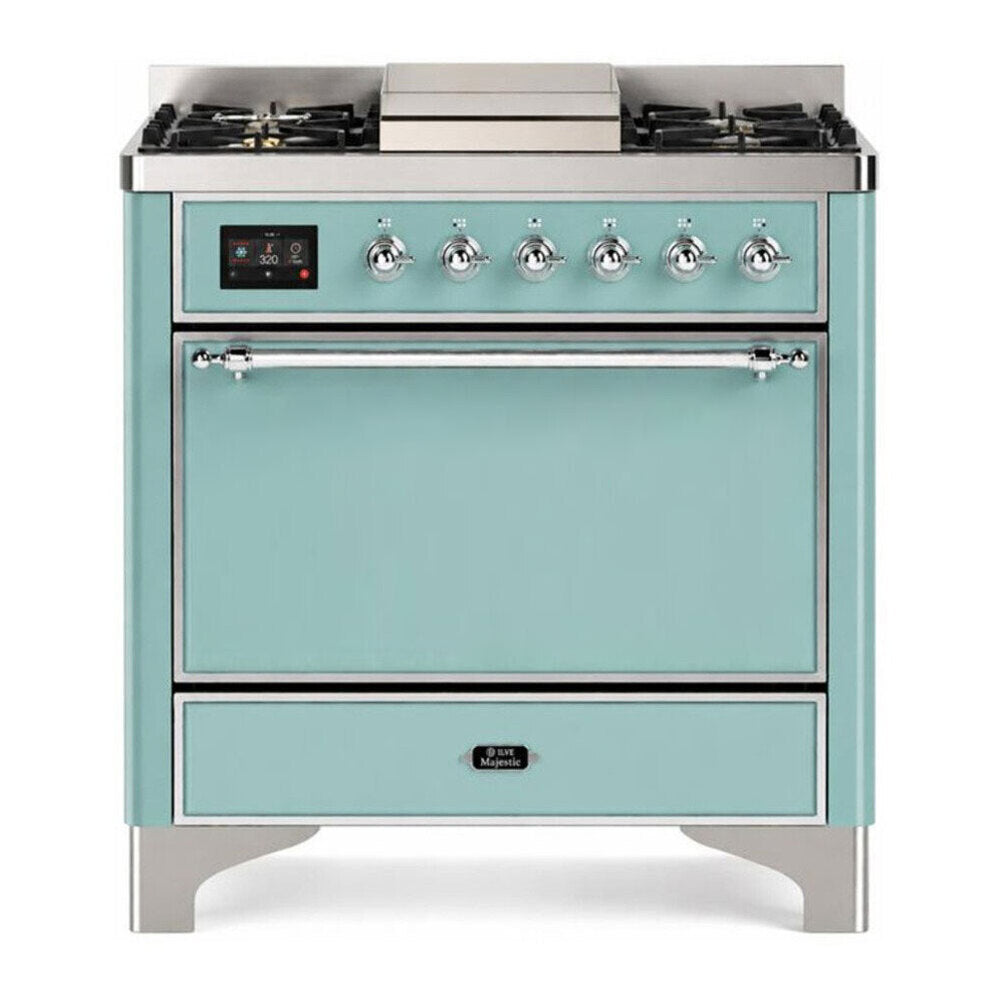 ILVE Majestic III 36-Inch Natural Gas Dual Fuel Range, 6 Burners, Griddle, Solid Door, Mediterranean Mint with Chrome Trim (UM36FQNR3MMC)