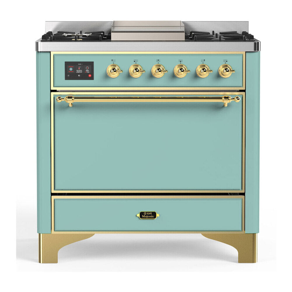 ILVE Majestic III 36-Inch Natural Gas Dual Fuel Range, 6 Burners, Griddle, Solid Door, Mediterranean Mint with Brass Trim (UM36FQNR3MMG)