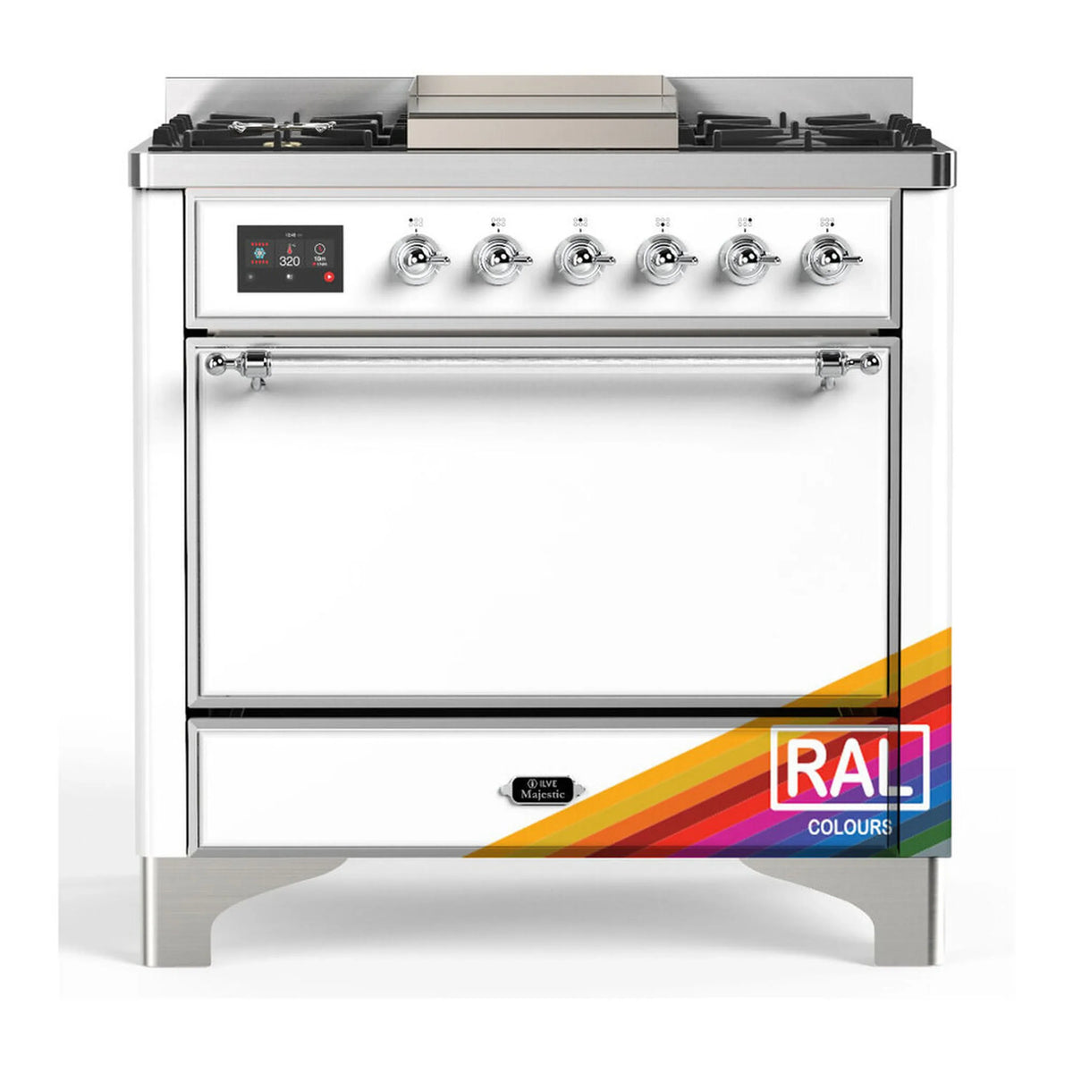 ILVE Majestic III 36-Inch Propane Dual Fuel Range, 5 Burners, Griddle, Solid Door, RAL with Chrome Trim (UM36FQNR3RACLP)