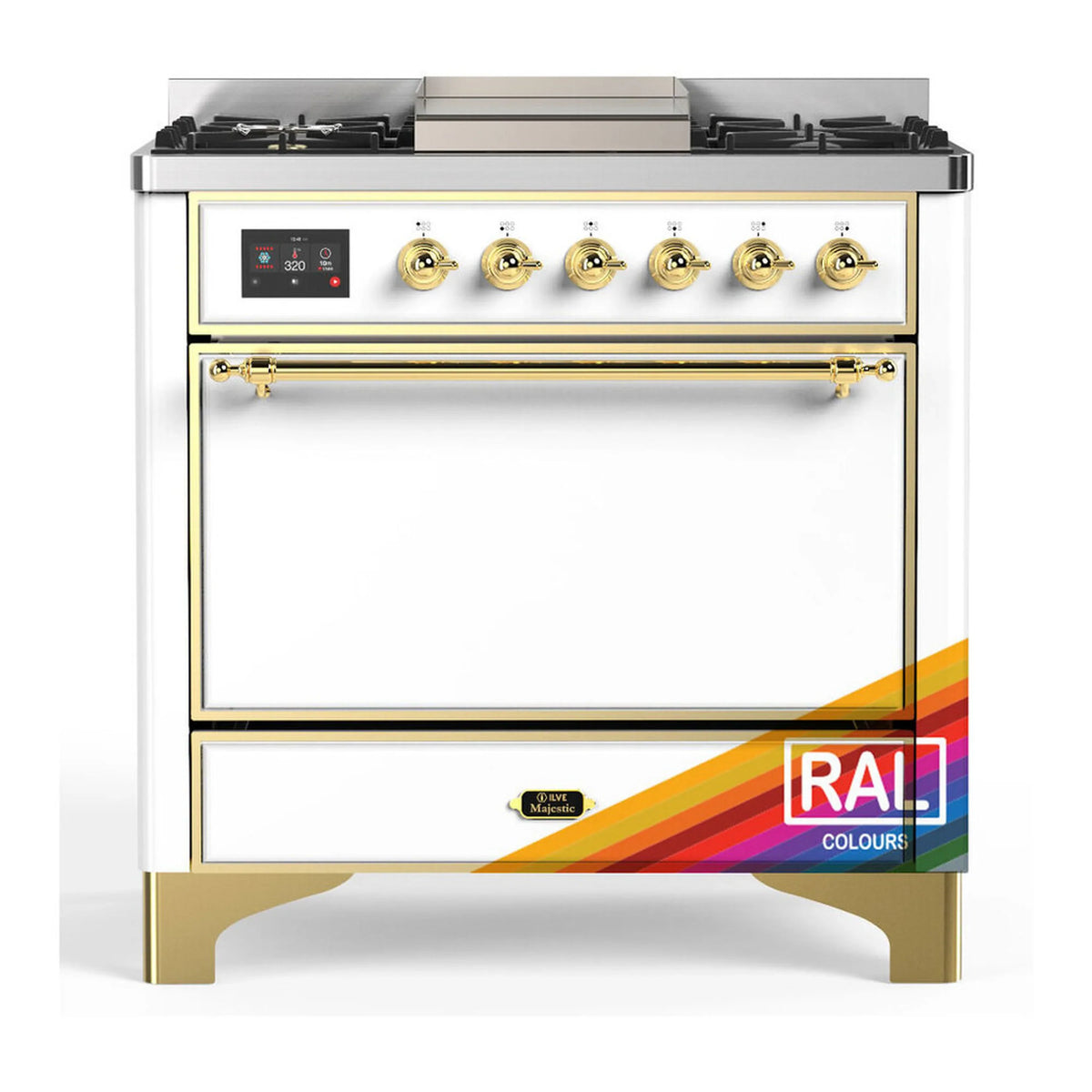 ILVE Majestic III 36-Inch Propane Dual Fuel Range, 5 Burners, Griddle, Solid Door, RAL with Brass Trim (UM36FQNR3RAGLP)