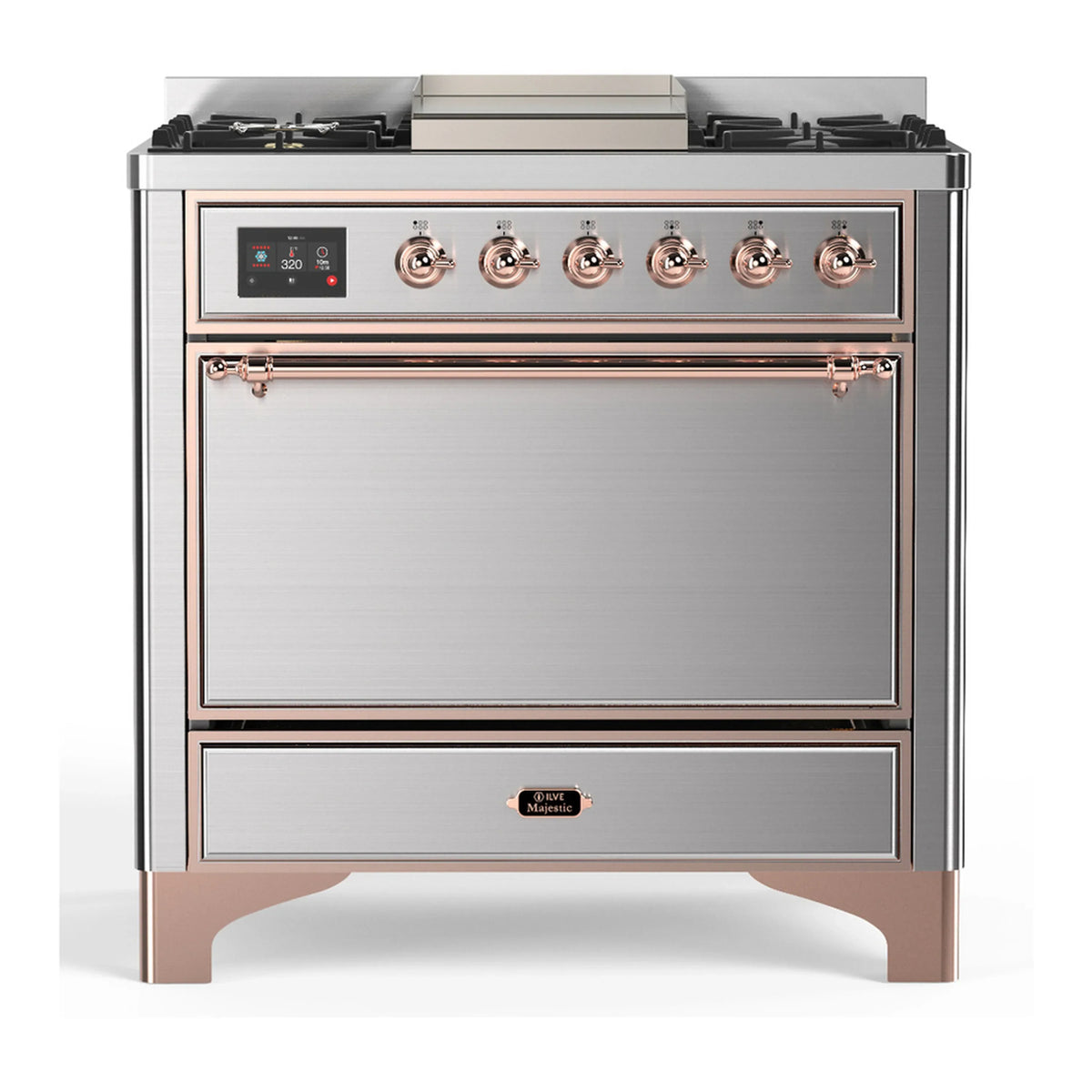 ILVE Majestic III 36-Inch Natural Gas Dual Fuel Range, 6 Burners, Griddle, Solid Door, Stainless Steel with Copper Trim (UM36FQNR3SSP)