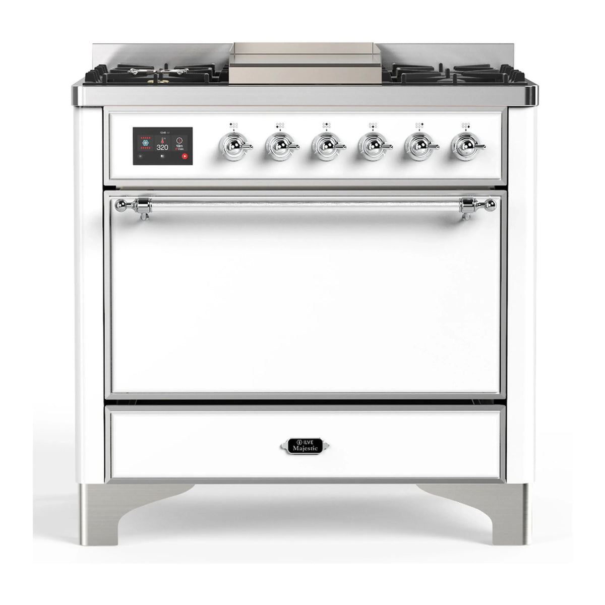 ILVE Majestic III 36-Inch Propane Dual Fuel Range, 5 Burners, Griddle, Solid Door, White with Chrome Trim (UM36FQNR3WHCLP)