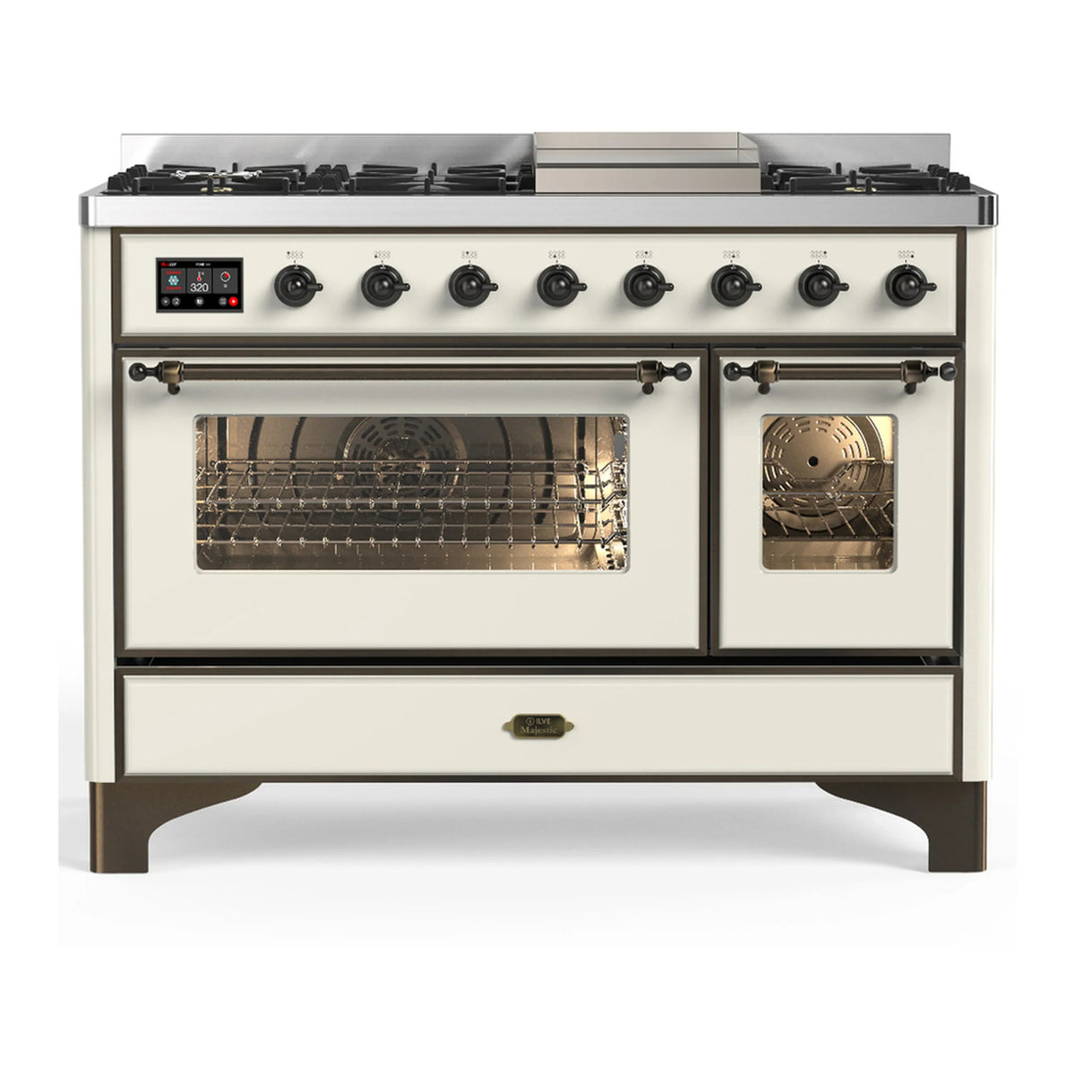 ILVE Majestic III 48-inch Dual Fuel Range with 5 Natural Gas Burner, Griddle and Triple Glass Door Electric Oven in Antique White with Burnished Trim (UM48FNR3AWB)