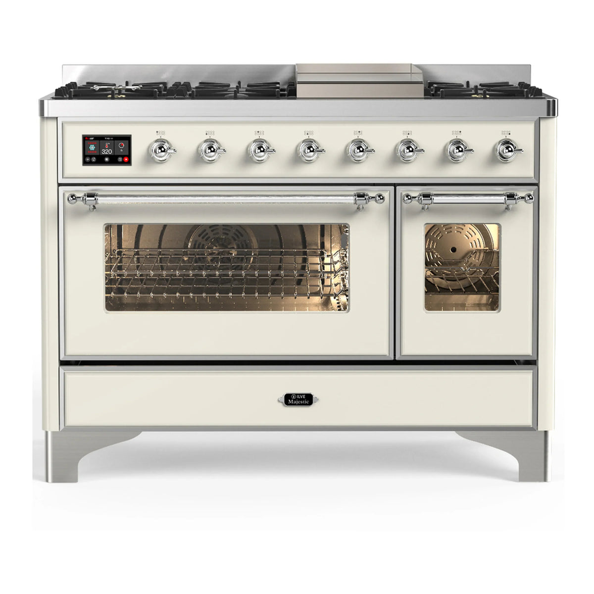 ILVE Majestic III 48-Inch LP Dual Fuel Range, 5 Burners, Griddle, Triple Glass Door Oven, Antique White with Chrome Trim (UM48FNR3AWCLP)