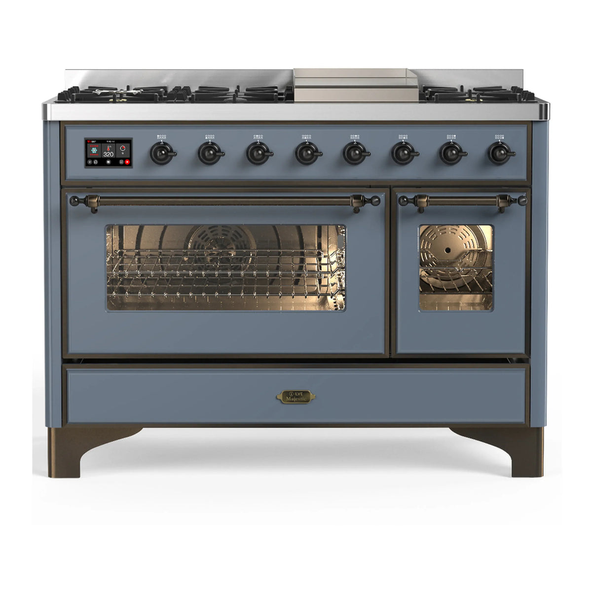 ILVE Majestic III 48-Inch Dual Fuel Range, 5 NG Burners, Griddle, Triple Glass Door, Blue Grey, Burnished Trim (UM48FNR3BGB)