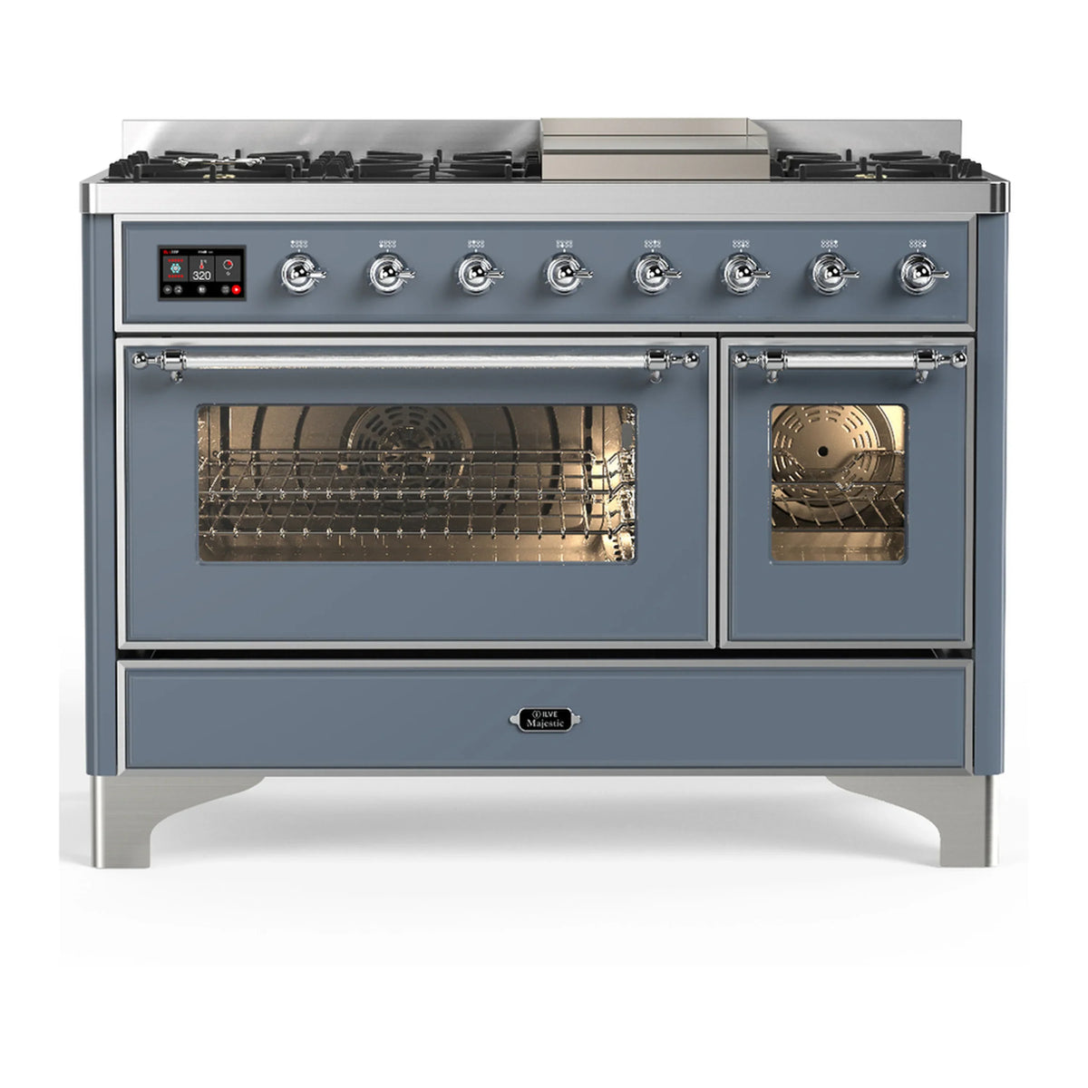 ILVE Majestic III 48-inch Dual Fuel Range with 5 Liquid Propane Burner, Griddle and Triple Glass Door Electric Oven in Blue Grey with Chrome Trim (UM48FNR3BGCLP)