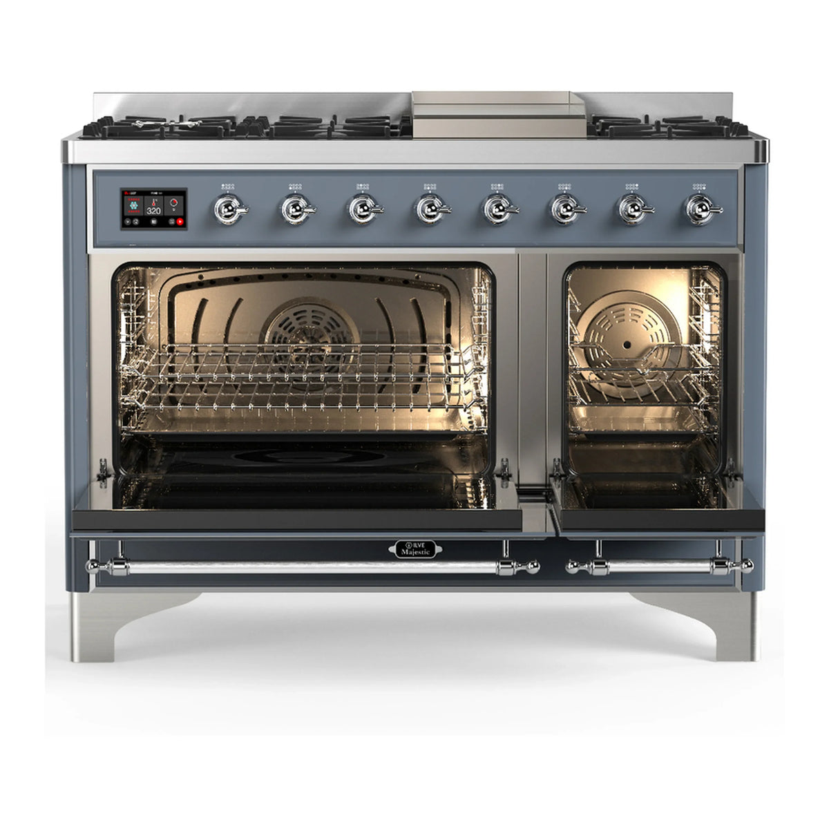 ILVE Majestic III 48-inch Dual Fuel Range with 5 Liquid Propane Burner, Griddle and Triple Glass Door Electric Oven in Blue Grey with Chrome Trim (UM48FNR3BGCLP)