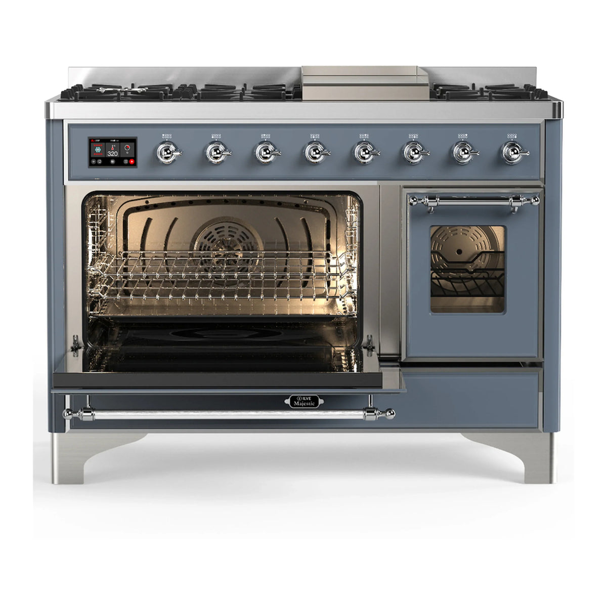 ILVE Majestic III 48-inch Dual Fuel Range with 5 Liquid Propane Burner, Griddle and Triple Glass Door Electric Oven in Blue Grey with Chrome Trim (UM48FNR3BGCLP)