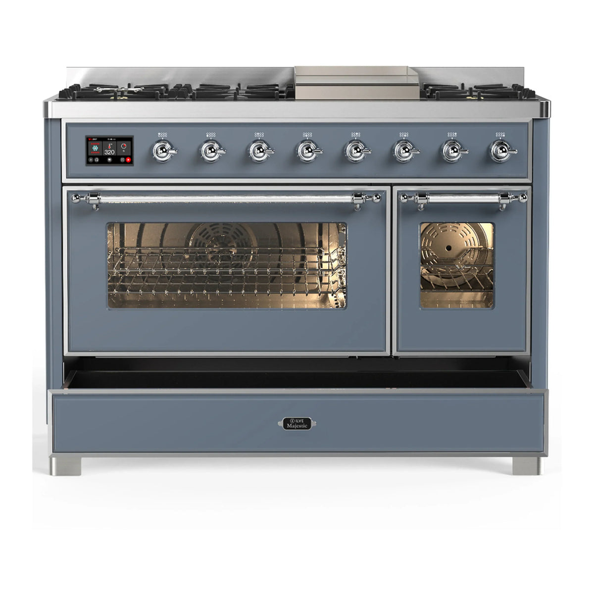 ILVE Majestic III 48-inch Dual Fuel Range with 5 Liquid Propane Burner, Griddle and Triple Glass Door Electric Oven in Blue Grey with Chrome Trim (UM48FNR3BGCLP)
