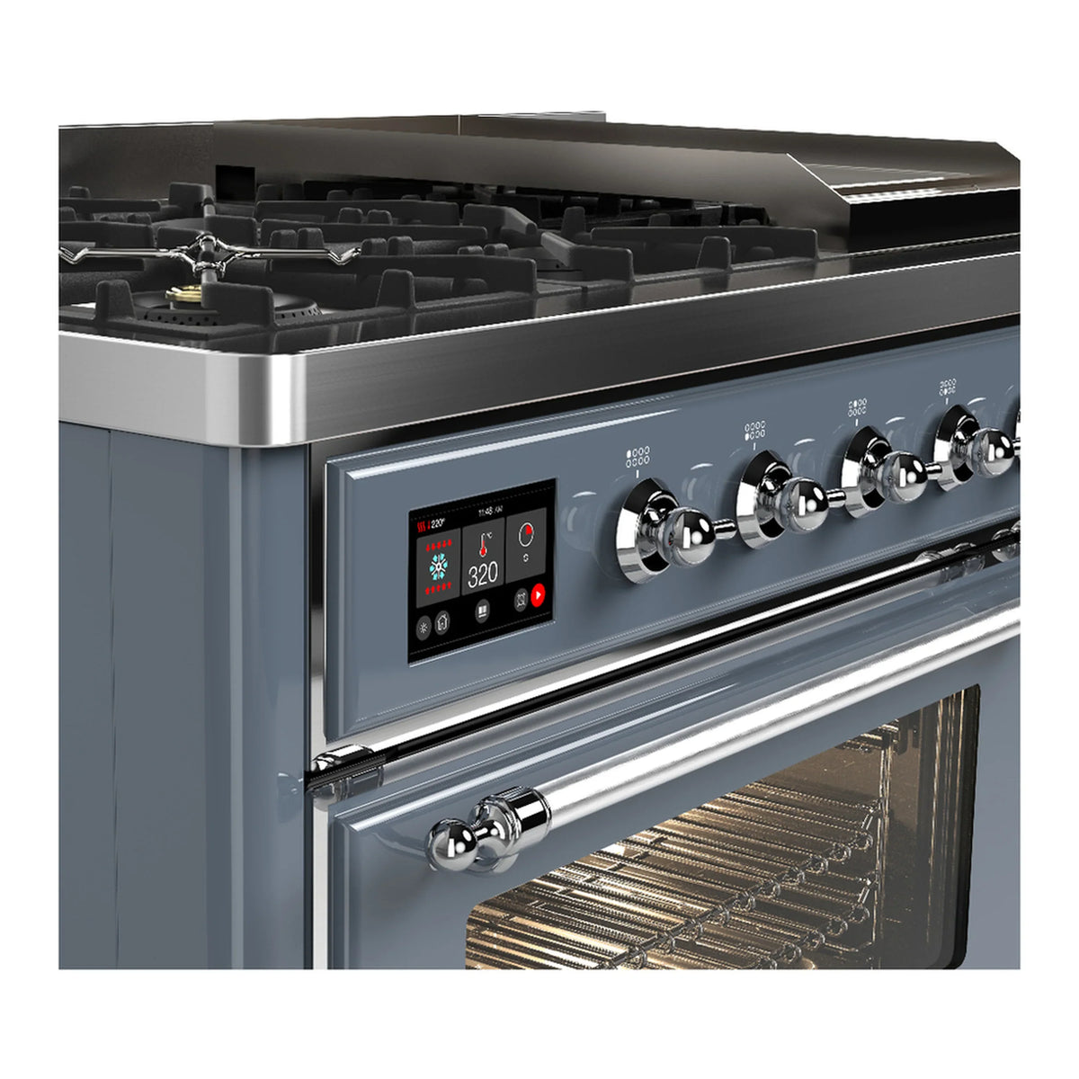 ILVE Majestic III 48-inch Dual Fuel Range with 5 Liquid Propane Burner, Griddle and Triple Glass Door Electric Oven in Blue Grey with Chrome Trim (UM48FNR3BGCLP)
