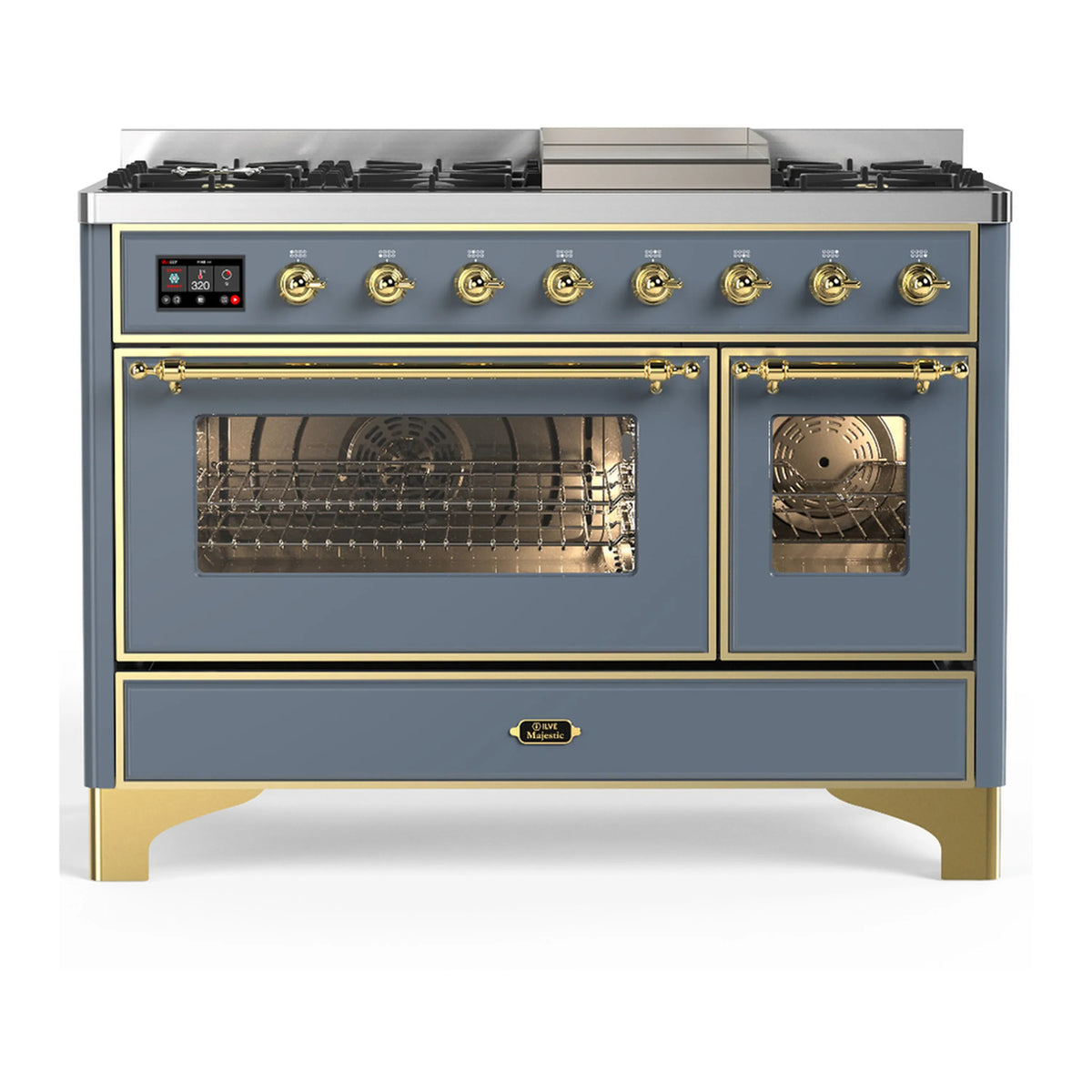 ILVE Majestic III 48-Inch LP Dual Fuel Range, 5 Burners, Griddle, Triple Glass Door Oven, Blue Grey with Brass Trim (UM48FNR3BGGLP)