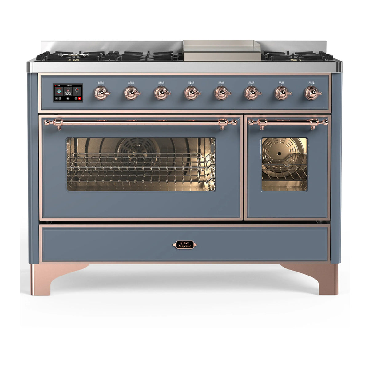 ILVE Majestic III 48-inch Dual Fuel Range with 5 Liquid Propane Burner, Griddle and Triple Glass Door Electric Oven in Blue Grey with Copper Trim (UM48FNR3BGPLP)