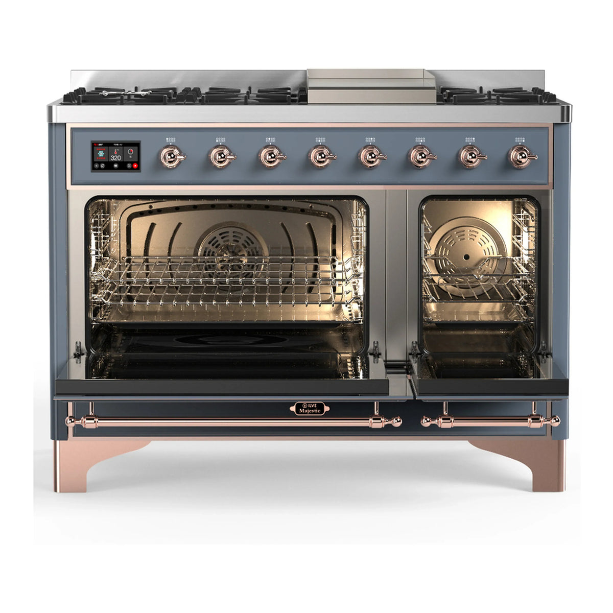 ILVE Majestic III 48-inch Dual Fuel Range with 5 Liquid Propane Burner, Griddle and Triple Glass Door Electric Oven in Blue Grey with Copper Trim (UM48FNR3BGPLP)