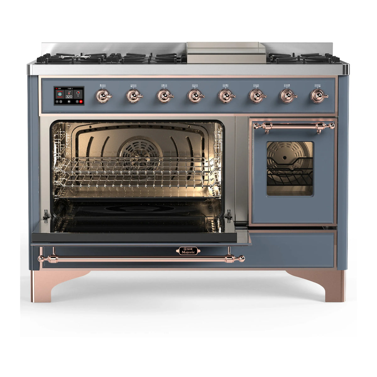 ILVE Majestic III 48-inch Dual Fuel Range with 5 Liquid Propane Burner, Griddle and Triple Glass Door Electric Oven in Blue Grey with Copper Trim (UM48FNR3BGPLP)