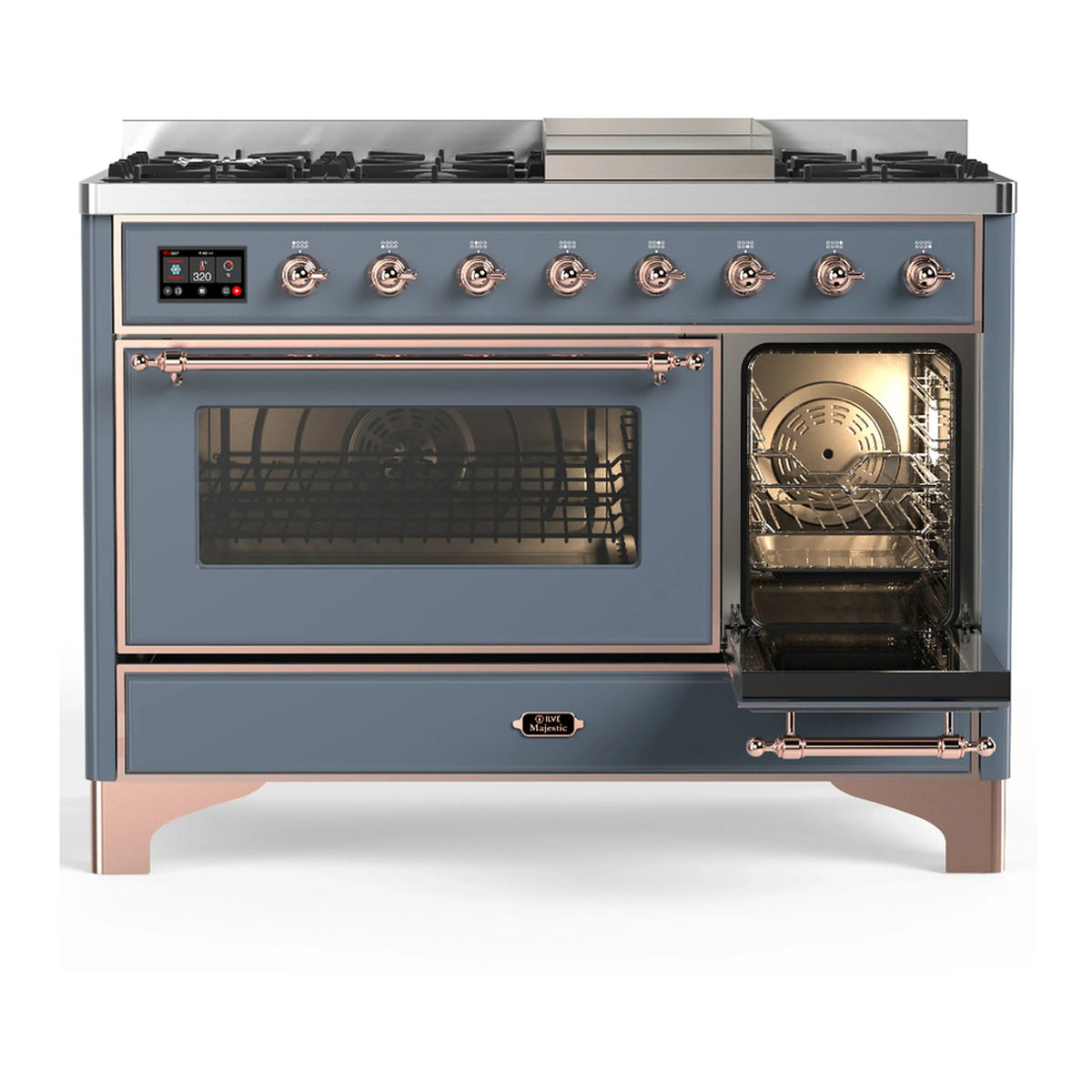 ILVE Majestic III 48-inch Dual Fuel Range with 5 Liquid Propane Burner, Griddle and Triple Glass Door Electric Oven in Blue Grey with Copper Trim (UM48FNR3BGPLP)