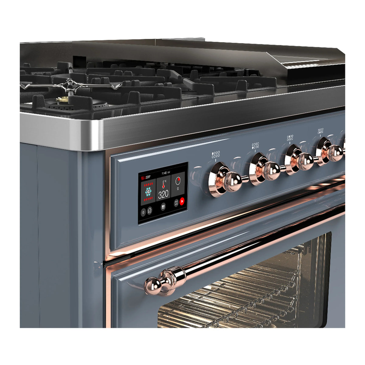 ILVE Majestic III 48-inch Dual Fuel Range with 5 Liquid Propane Burner, Griddle and Triple Glass Door Electric Oven in Blue Grey with Copper Trim (UM48FNR3BGPLP)