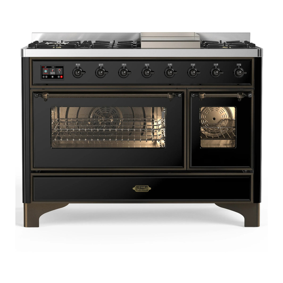 ILVE Majestic III 48-inch Dual Fuel Range with 5 Natural Gas Burner, Griddle and Triple Glass Door Electric Oven in Glossy Black with Burnished Trim (UM48FNR3BKB)