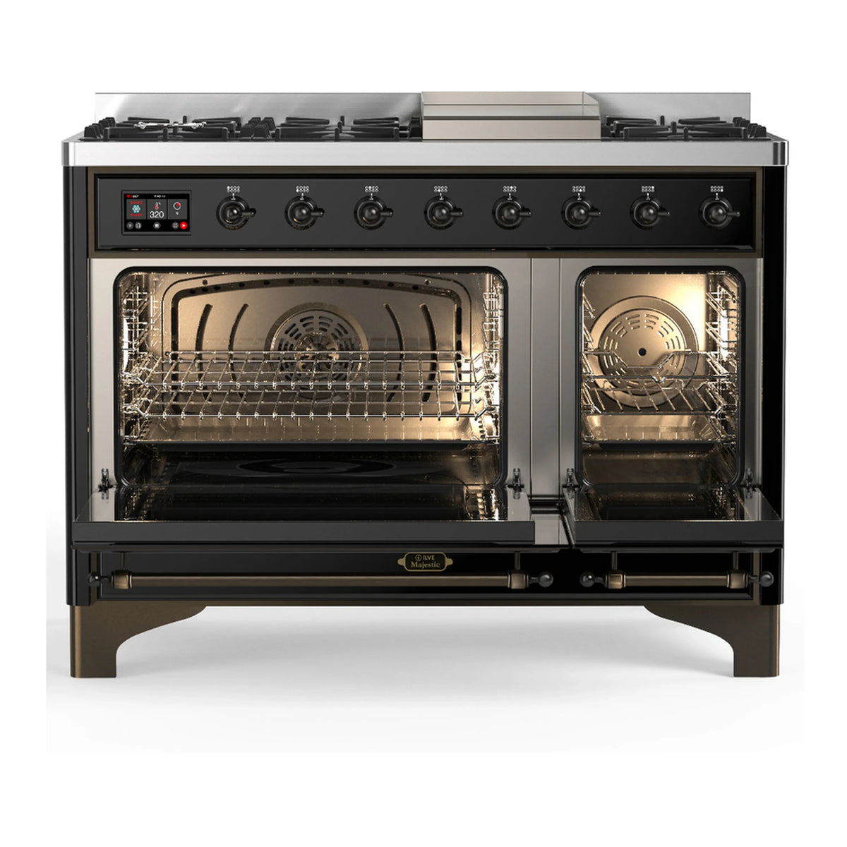 ILVE Majestic III 48-inch Dual Fuel Range with 5 Natural Gas Burner, Griddle and Triple Glass Door Electric Oven in Glossy Black with Burnished Trim (UM48FNR3BKB)