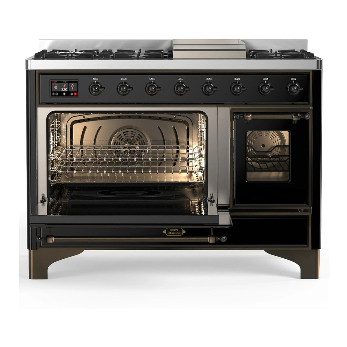 ILVE Majestic III 48-inch Dual Fuel Range with 5 Natural Gas Burner, Griddle and Triple Glass Door Electric Oven in Glossy Black with Burnished Trim (UM48FNR3BKB)