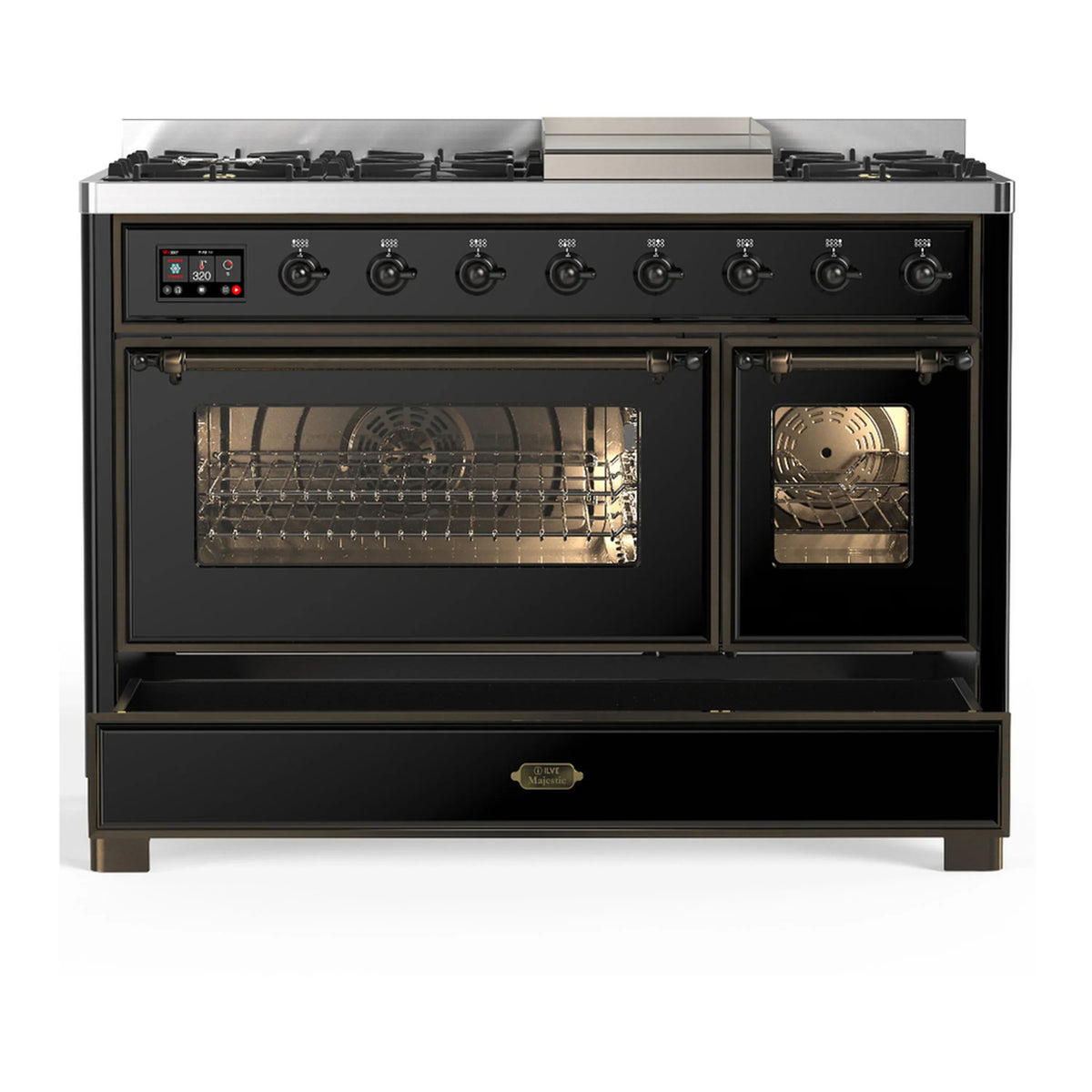 ILVE Majestic III 48-inch Dual Fuel Range with 5 Liquid Propane Burner, Griddle and Triple Glass Door Electric Oven in Glossy Black with Burnished Trim (UM48FNR3BKBLP)
