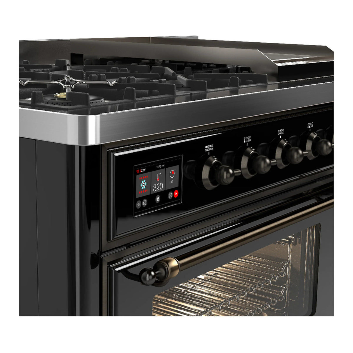 ILVE Majestic III 48-inch Dual Fuel Range with 5 Natural Gas Burner, Griddle and Triple Glass Door Electric Oven in Glossy Black with Burnished Trim (UM48FNR3BKB)