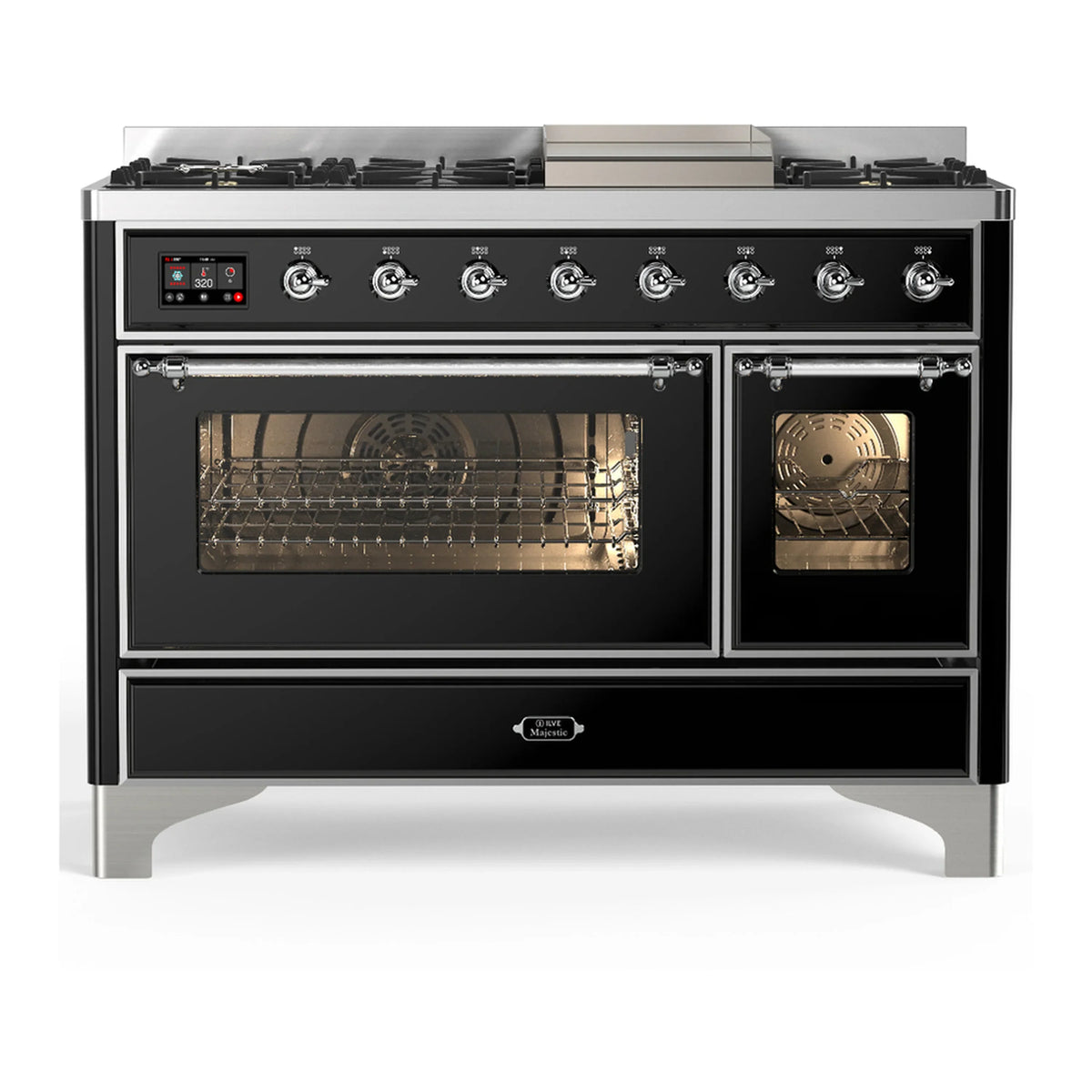 ILVE Majestic III 48-inch Dual Fuel Range with 5 Liquid Propane Burner, Griddle and Triple Glass Door Electric Oven in Glossy Black with Chrome Trim (UM48FNR3BKCLP)