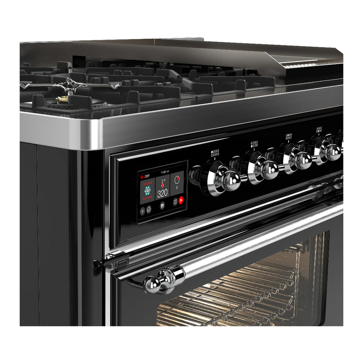 ILVE Majestic III 48-inch Dual Fuel Range with 5 Liquid Propane Burner, Griddle and Triple Glass Door Electric Oven in Glossy Black with Chrome Trim (UM48FNR3BKCLP)