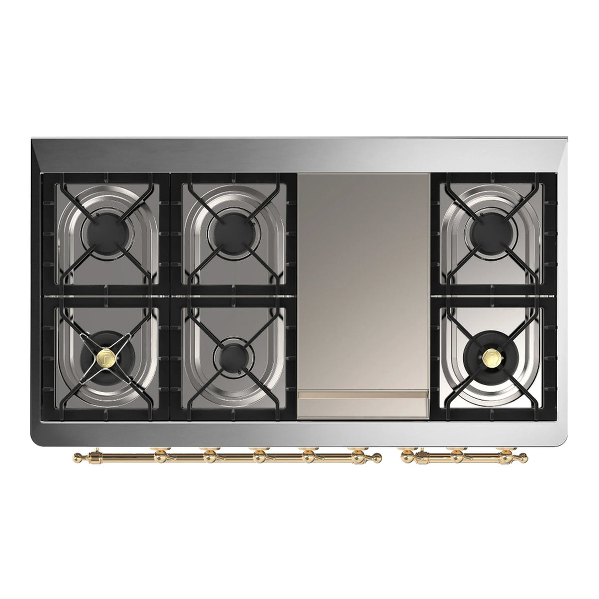 ILVE Majestic III 48-Inch Dual Fuel Range, 5 NG Burners, Griddle, Triple Glass Door, Glossy Black, Brass Trim (UM48FNR3BKG)
