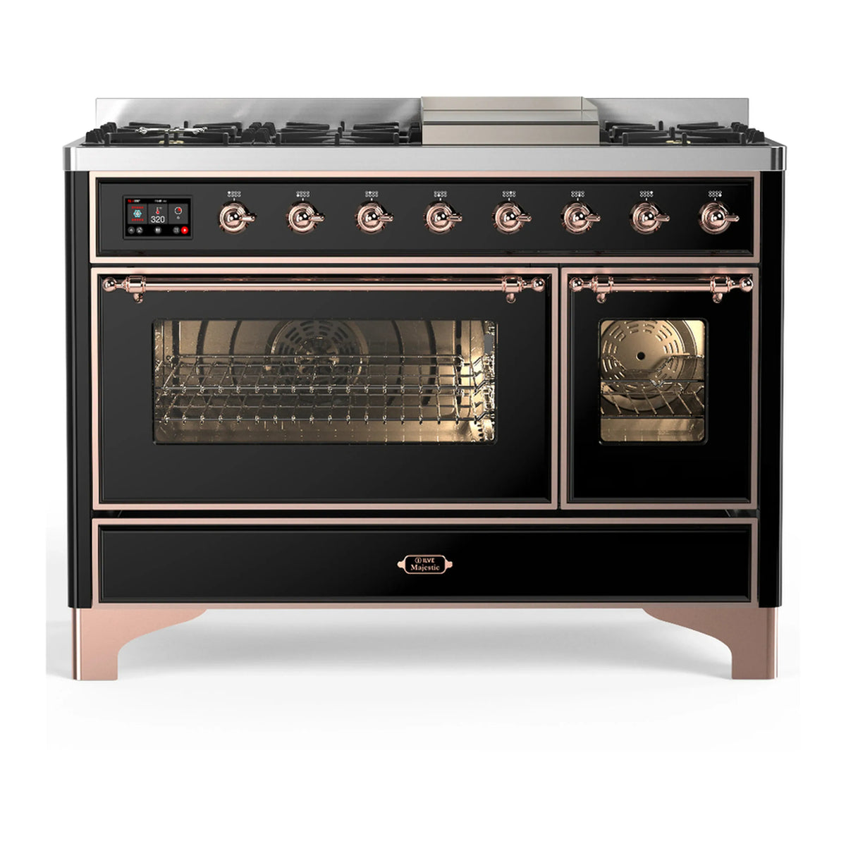 ILVE Majestic III 48-Inch Dual Fuel Range, 5 LP Burners, Griddle, Triple Glass Door, Glossy Black, Copper Trim (UM48FNR3BKPLP)