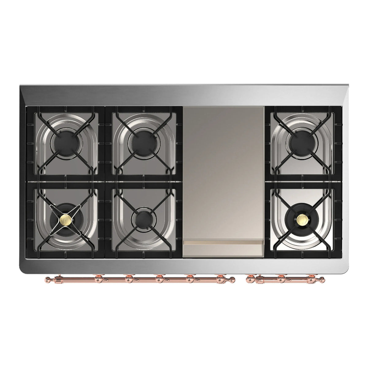 ILVE Majestic III 48-Inch Dual Fuel Range, 5 NG Burners, Griddle, Triple Glass Door, Glossy Black, Copper Trim (UM48FNR3BKP)