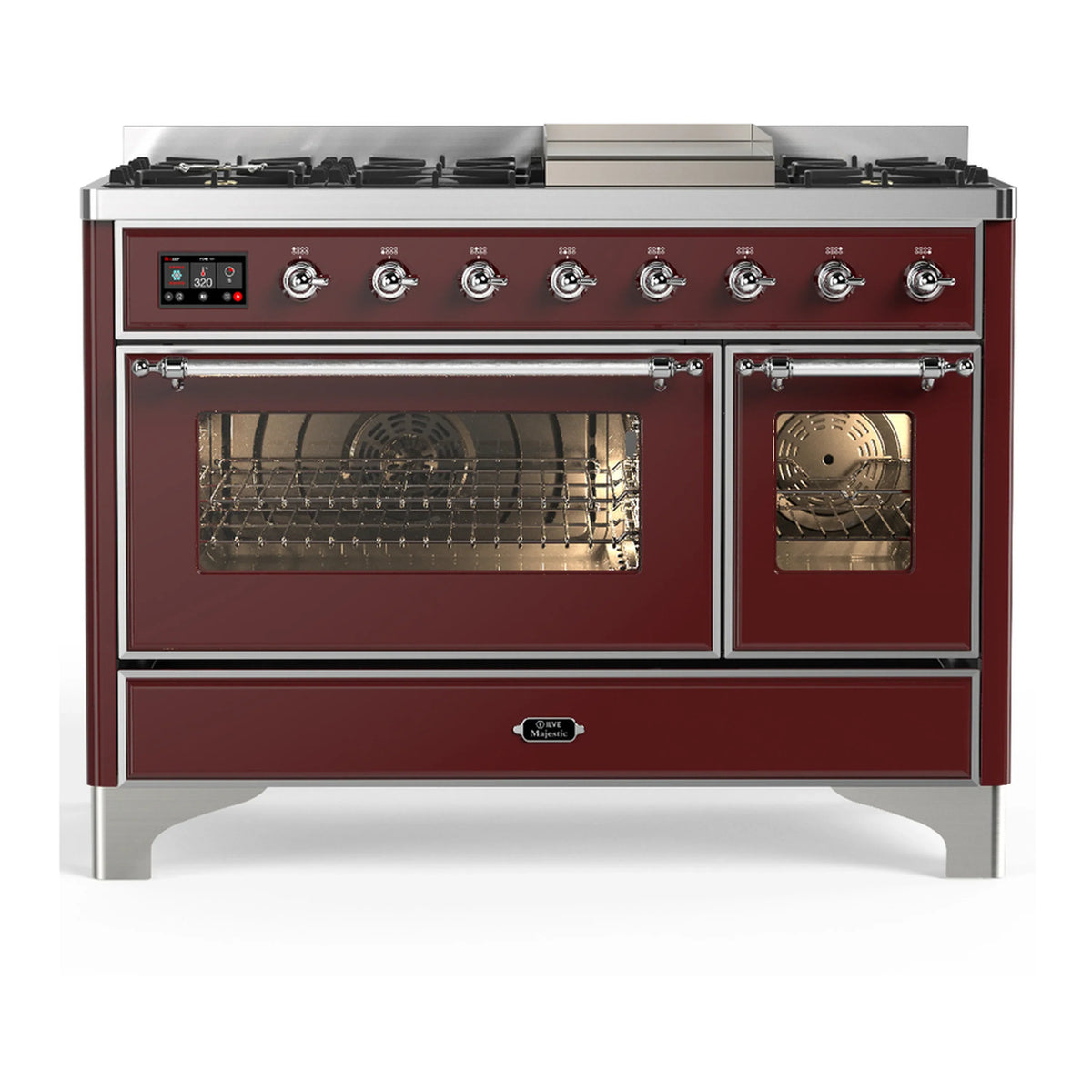 ILVE Majestic III 48-Inch LP Dual Fuel Range, 5 Burners, Griddle, Triple Glass Door Oven, Burgundy with Chrome Trim (UM48FNR3BUCLP)
