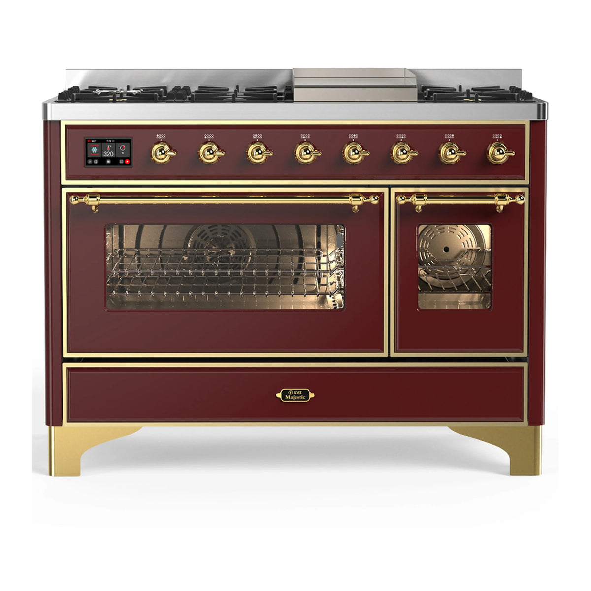 ILVE Majestic III 48-inch Dual Fuel Range with 5 Natural Gas Burner, Griddle and Triple Glass Door Electric Oven in Burgundy with Brass Trim (UM48FNR3BUG)