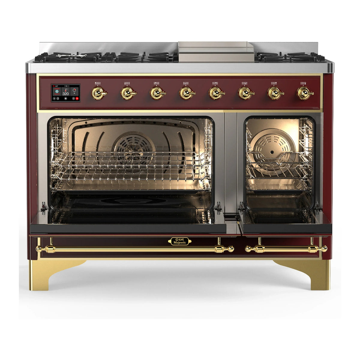 ILVE Majestic III 48-inch Dual Fuel Range with 5 Natural Gas Burner, Griddle and Triple Glass Door Electric Oven in Burgundy with Brass Trim (UM48FNR3BUG)