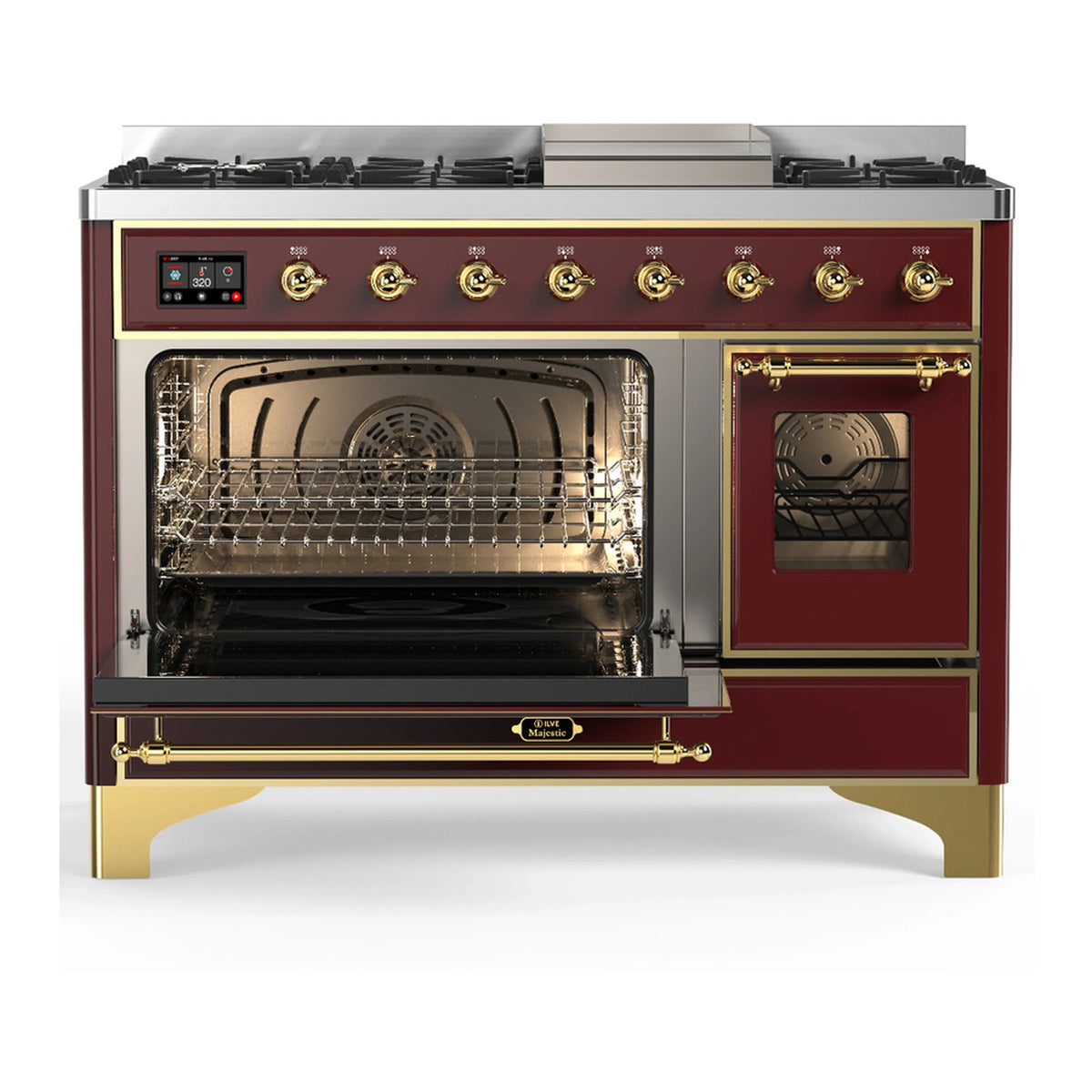 ILVE Majestic III 48-inch Dual Fuel Range with 5 Natural Gas Burner, Griddle and Triple Glass Door Electric Oven in Burgundy with Brass Trim (UM48FNR3BUG)