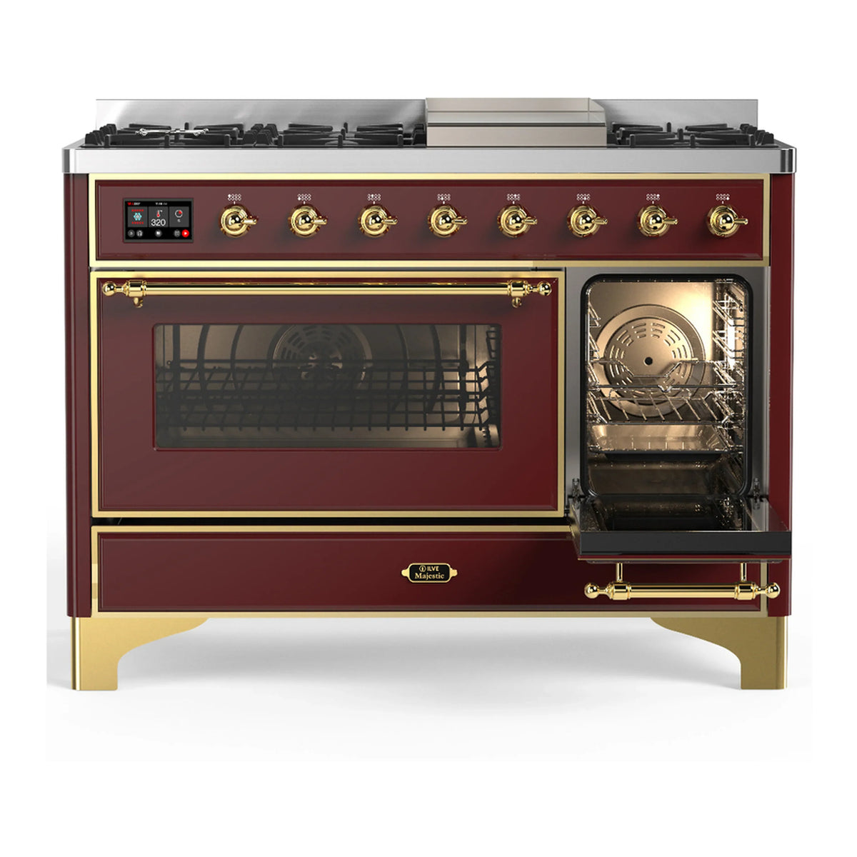 ILVE Majestic III 48-inch Dual Fuel Range with 5 Natural Gas Burner, Griddle and Triple Glass Door Electric Oven in Burgundy with Brass Trim (UM48FNR3BUG)