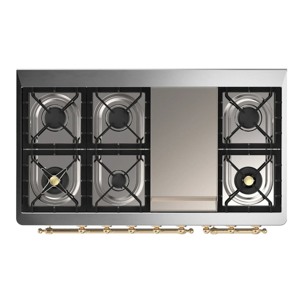 ILVE Majestic III 48-inch Dual Fuel Range with 5 Natural Gas Burner, Griddle and Triple Glass Door Electric Oven in Burgundy with Brass Trim (UM48FNR3BUG)