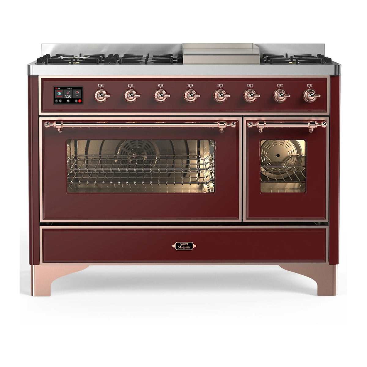 ILVE Majestic III 48-Inch LP Dual Fuel Range, 5 Burners, Griddle, Triple Glass Door Oven, Burgundy with Copper Trim (UM48FNR3BUPLP)