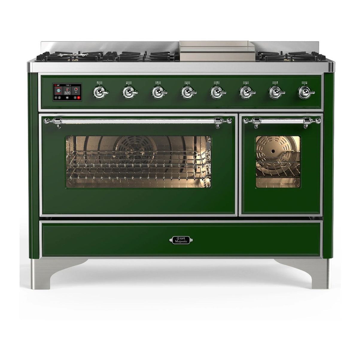ILVE Majestic III 48-Inch Dual Fuel Range, 5 LP Burners, Griddle, Triple Glass Door, Emerald Green, Chrome Trim (UM48FNR3EGCLP)