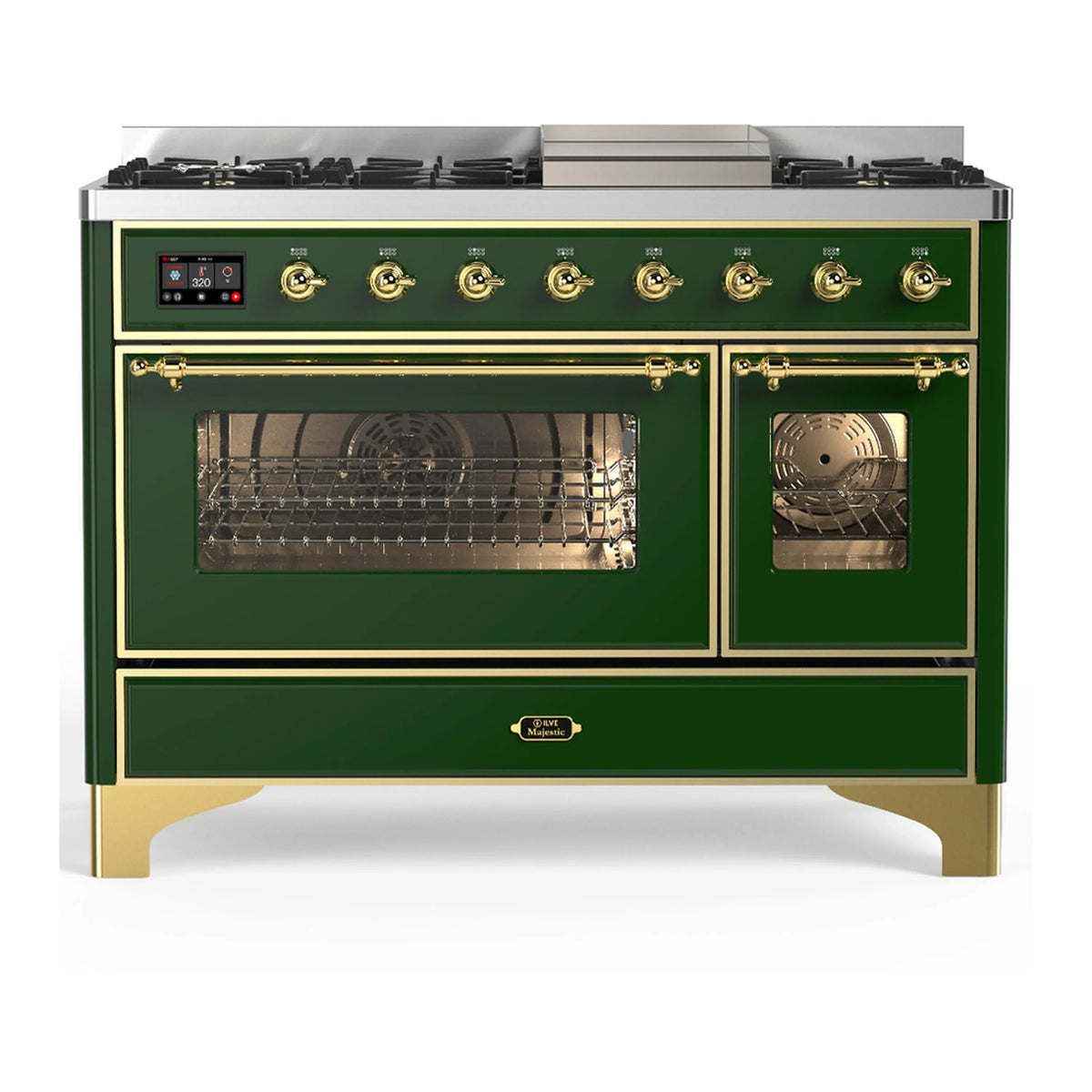 ILVE Majestic III 48-Inch Dual Fuel Range, 5 NG Burners, Griddle, Triple Glass Door, Emerald Green, Brass Trim (UM48FNR3EGG)