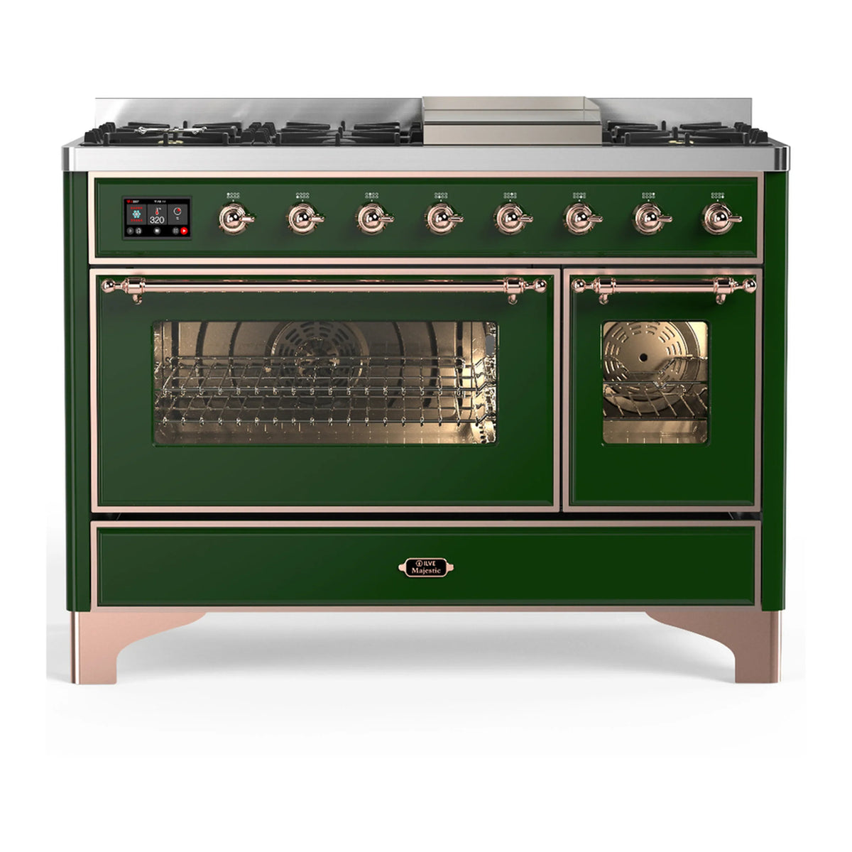 ILVE Majestic III 48-Inch Dual Fuel Range, 5 NG Burners, Griddle, Triple Glass Door, Emerald Green, Copper Trim (UM48FNR3EGP)